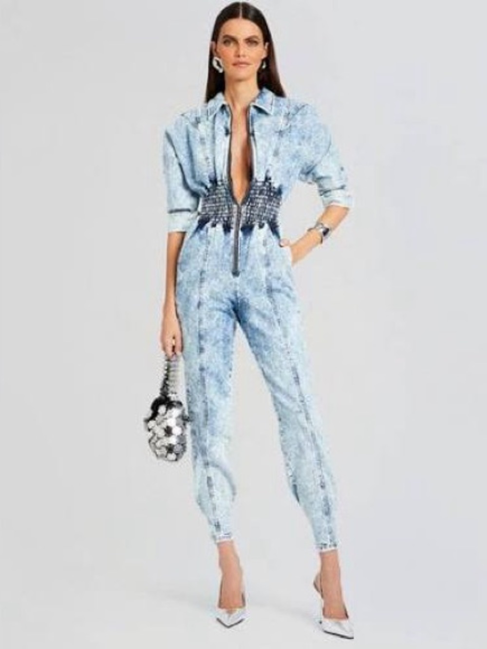 Retrofête Eti Acid Wash Denim Zip Front Jumpsuit Blue Size M